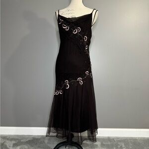Vintage brown silk dress with beading & floral appliqué